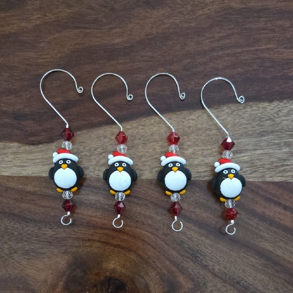 Penguin Christmas Ornament Hooks with Red and Clear Bead Accents - Picture 2 of 5